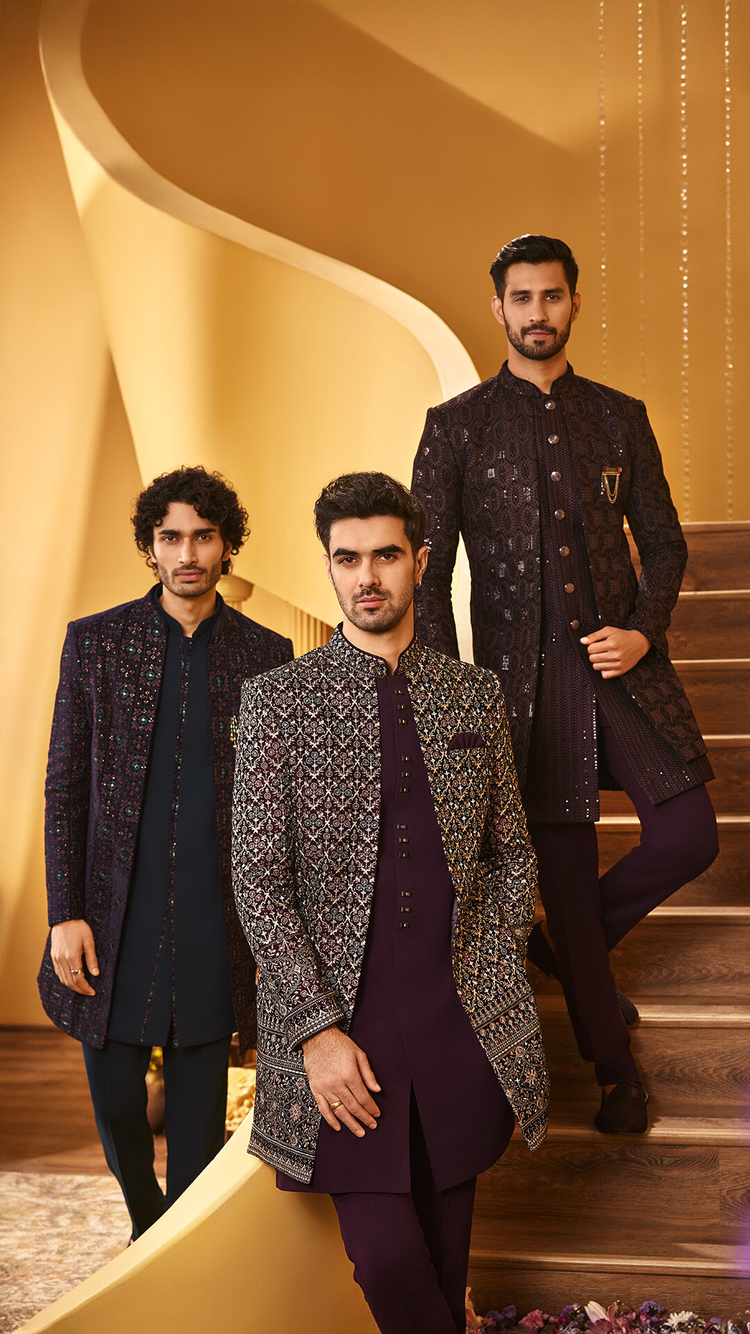 Groom and his friend dressed in elegant Indo-Western kurtas, blending tradition and modern style for the wedding